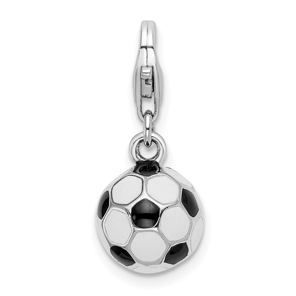 Sterling Silver Polished 3-D Enameled Soccer Ball Bracelet Charm Lobster Clasp